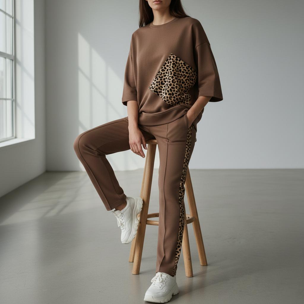 Caramel Brown Colour Women's Co-Ord Set with Leapord Print