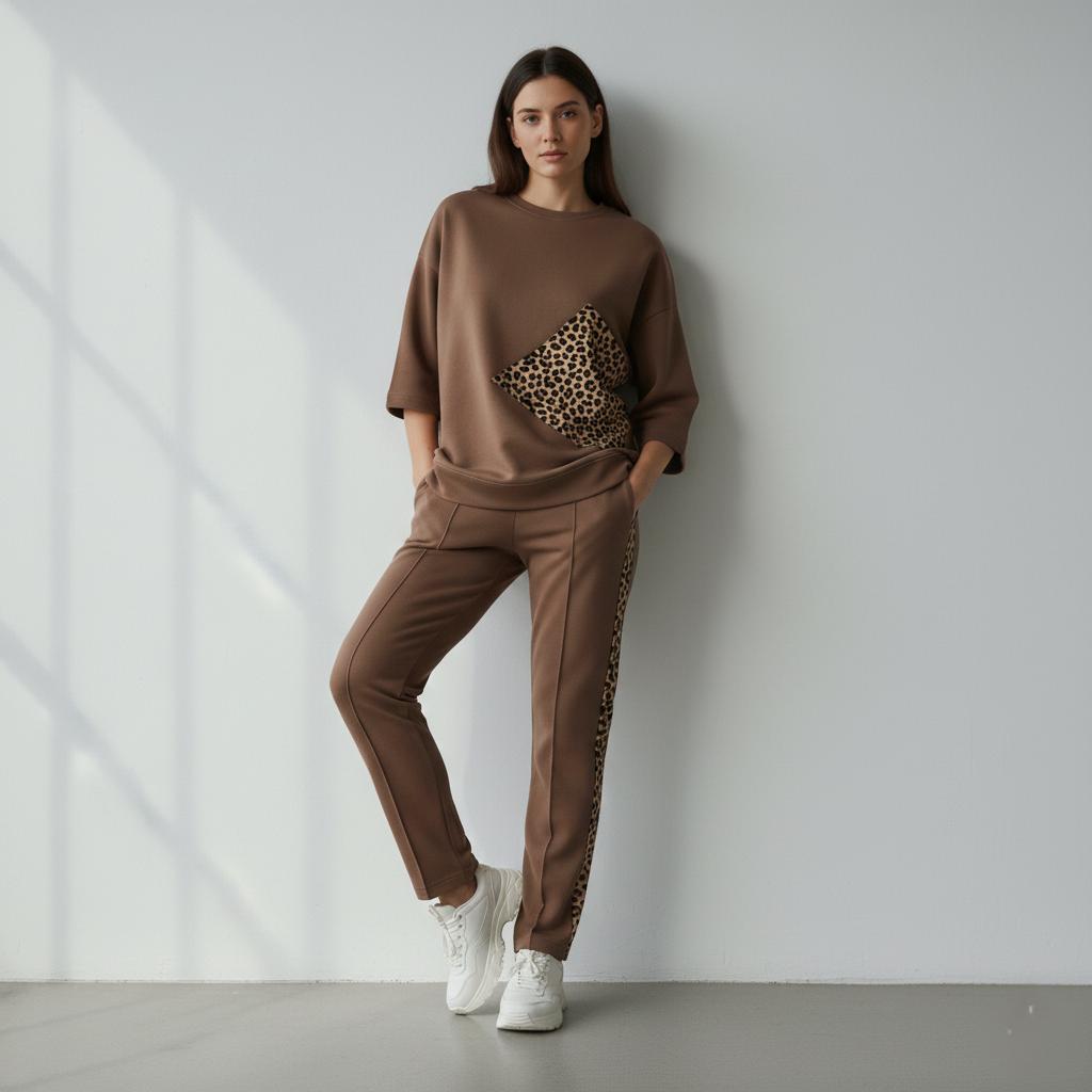 Caramel Brown Colour Women's Co-Ord Set with Leapord Print