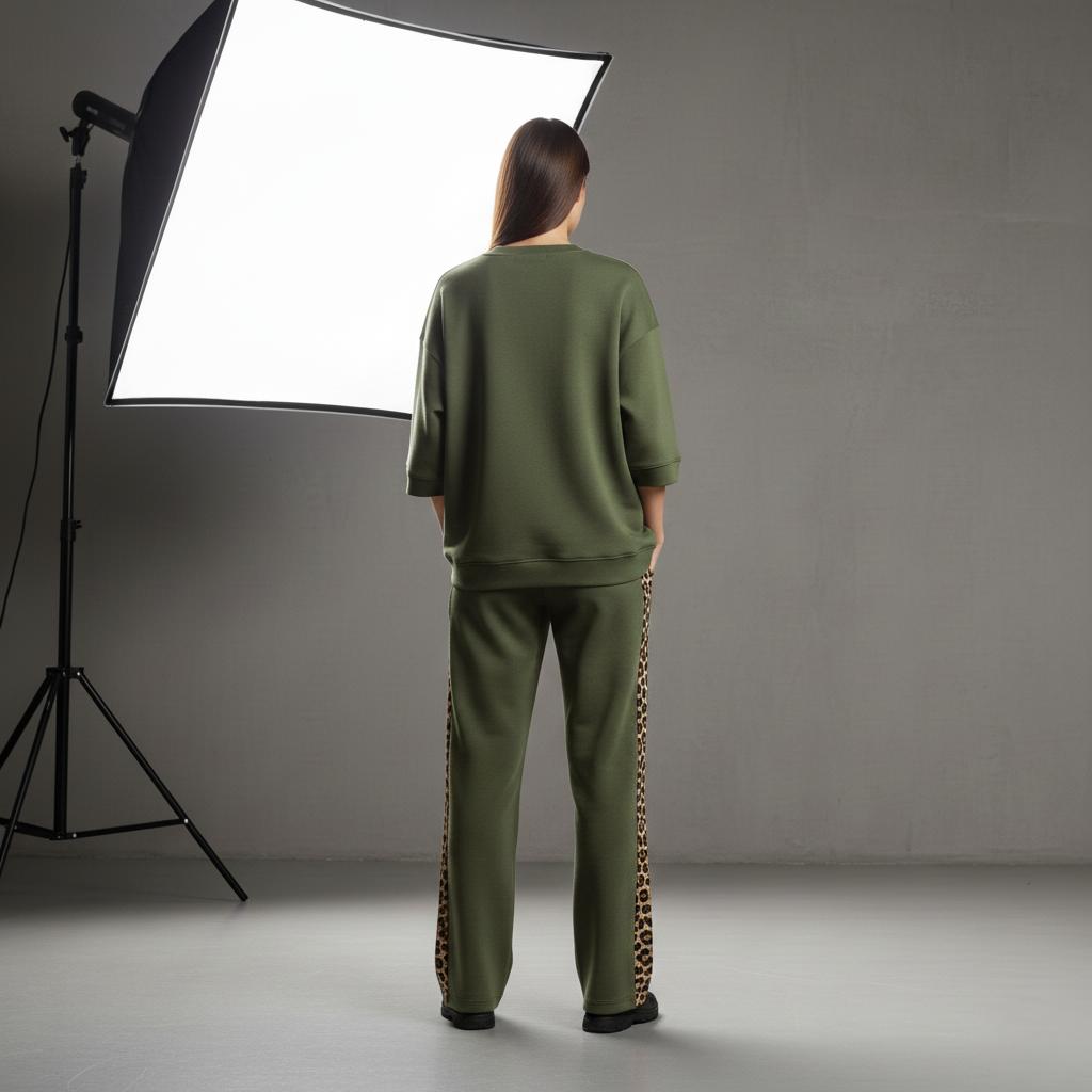 Olive Green Colour Women's Co-Ord Set with Leapord Print