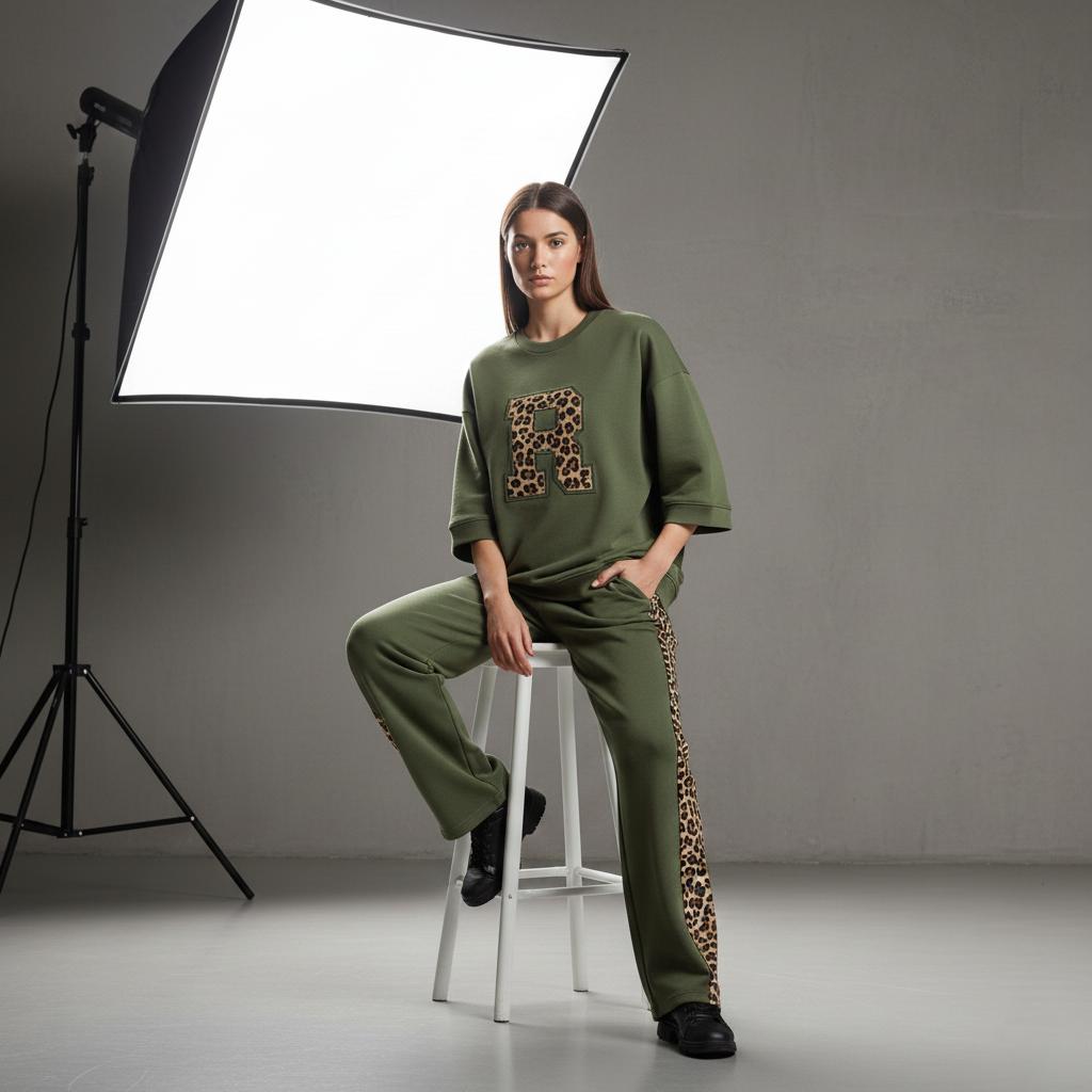 Olive Green Colour Women's Co-Ord Set with Leapord Print