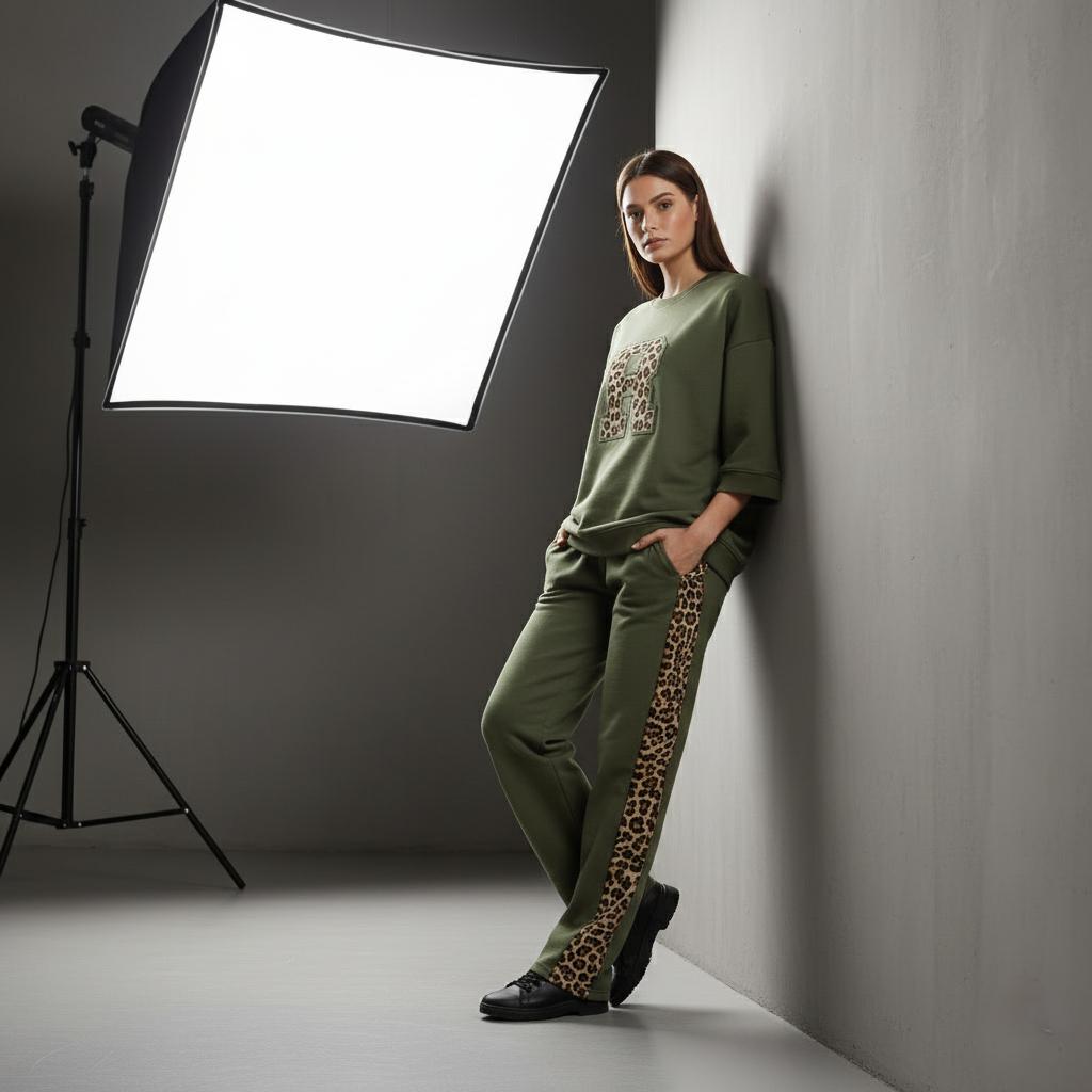 Olive Green Colour Women's Co-Ord Set with Leapord Print