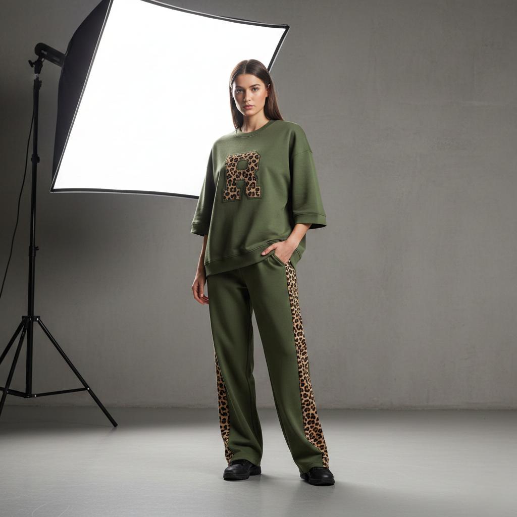 Olive Green Colour Women's Co-Ord Set with Leapord Print