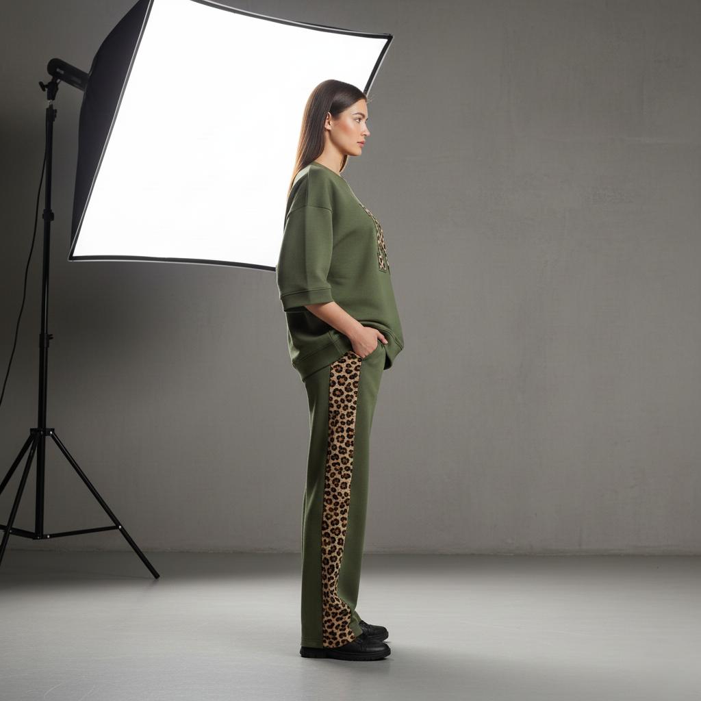 Olive Green Colour Women's Co-Ord Set with Leapord Print