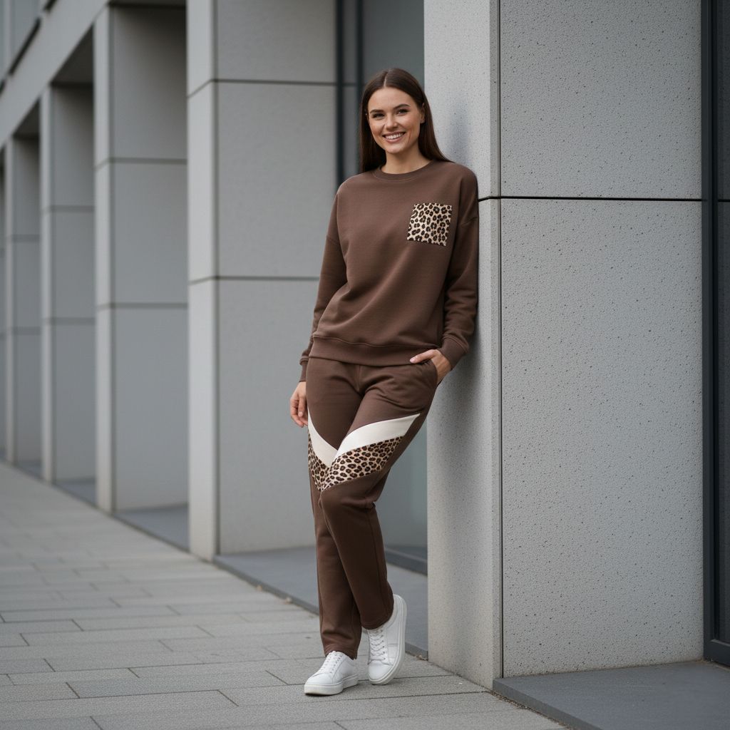 Coffee Brown Colour Women's Co-Ord Set with Leopard Print