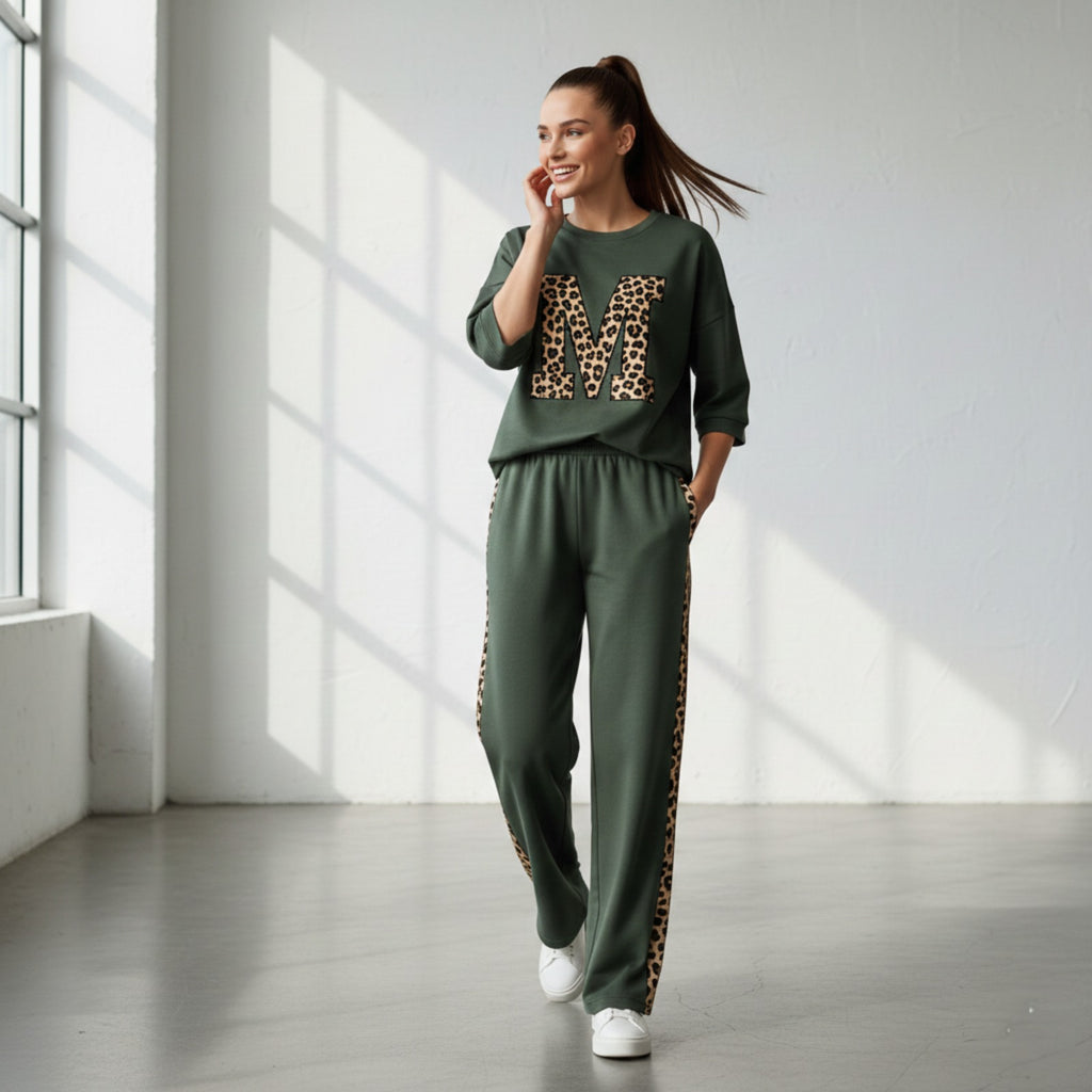 Forest Green Colour Women's Co-Ord Set with Leapord Print