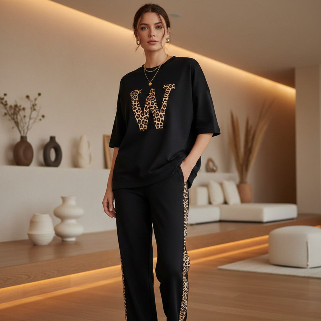 Deep Black Colour Women's Co-Ord Set with Leapord Print