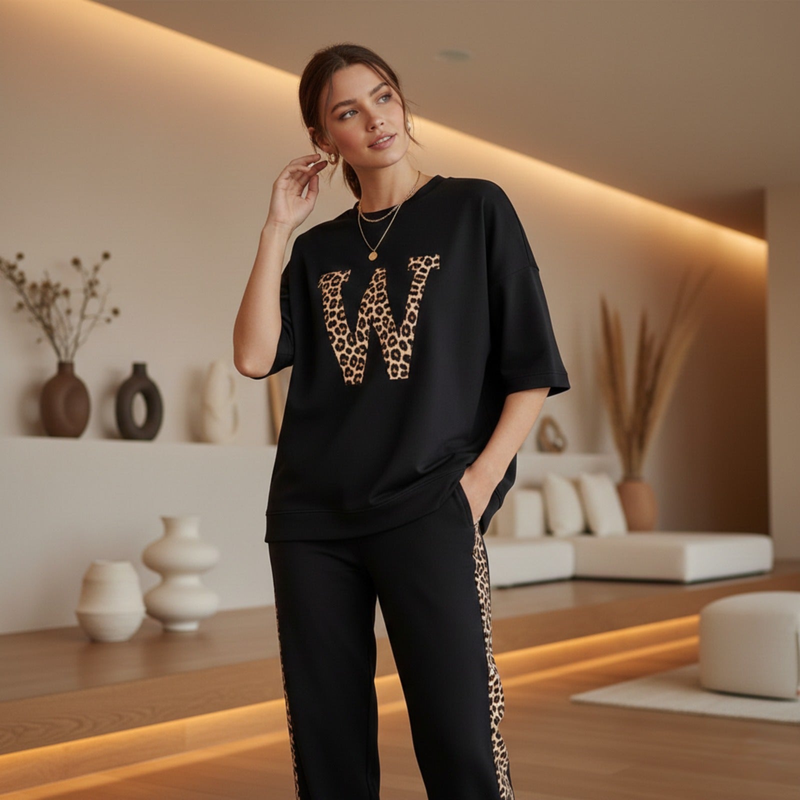 Deep Black Colour Women's Co-Ord Set with Leapord Print