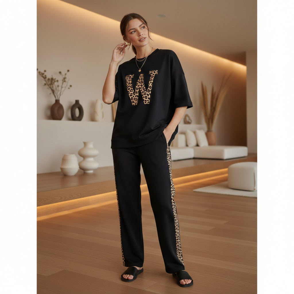 Deep Black Colour Women's Co-Ord Set with Leapord Print