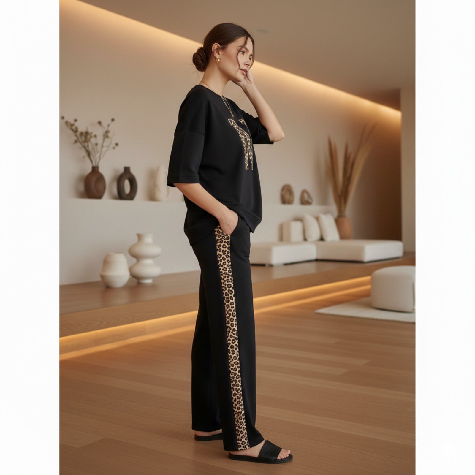 Deep Black Colour Women's Co-Ord Set with Leapord Print