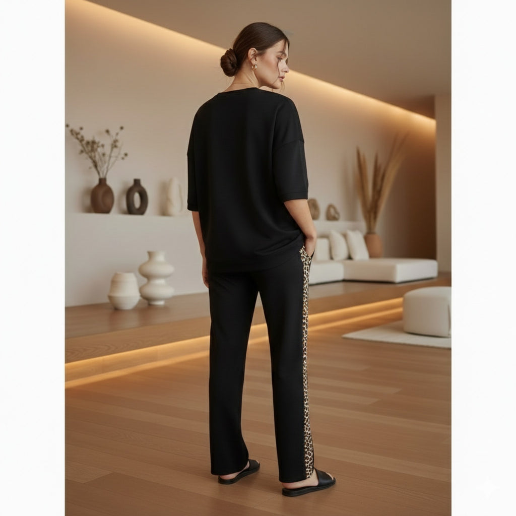 Deep Black Colour Women's Co-Ord Set with Leapord Print