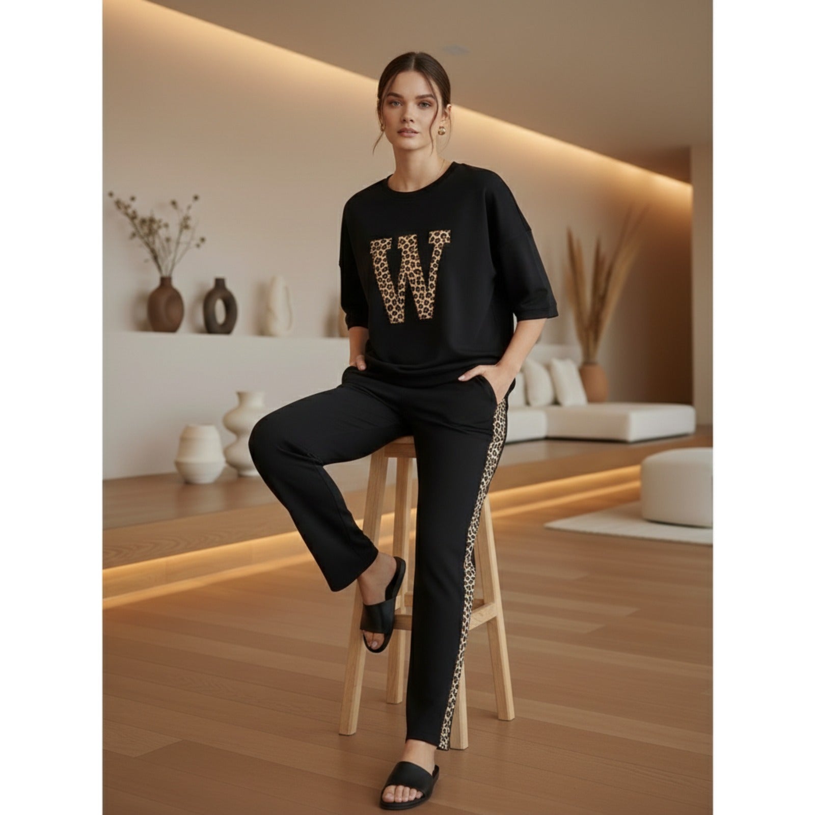 Deep Black Colour Women's Co-Ord Set with Leapord Print