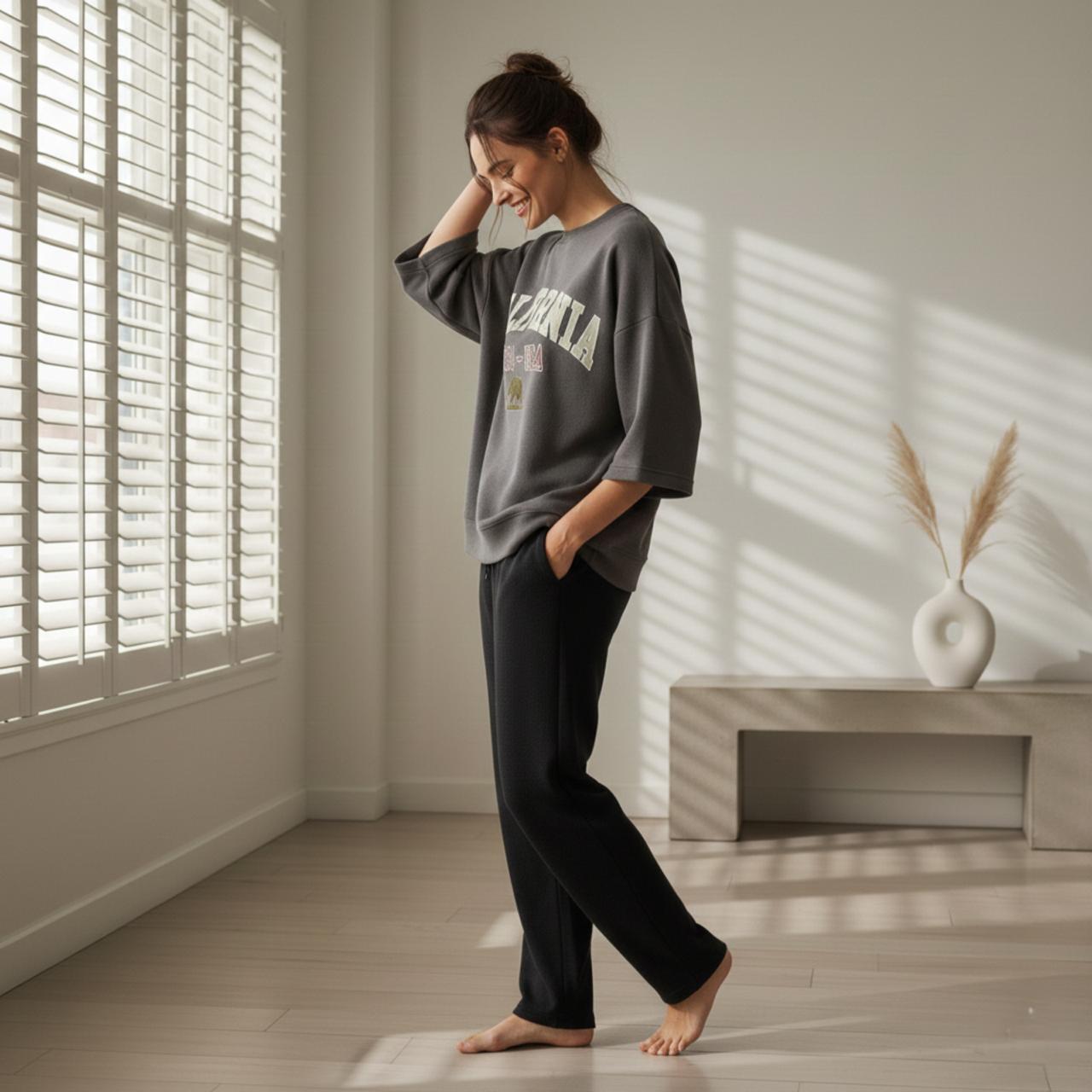 "California" Steel Grey Colour Oversized Comfortable Co-Ord Set