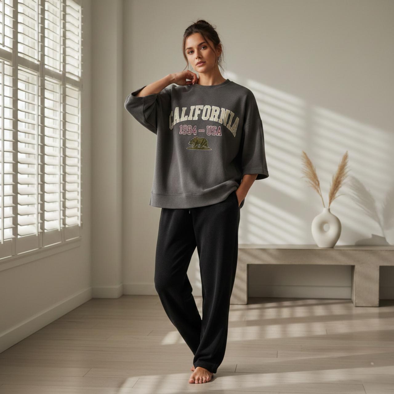 "California" Steel Grey Colour Oversized Comfortable Co-Ord Set