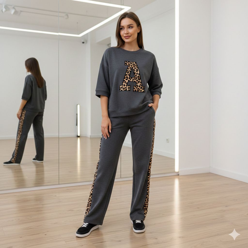 Steel Grey Colour Women's Co-Ord Set with Leapord Print