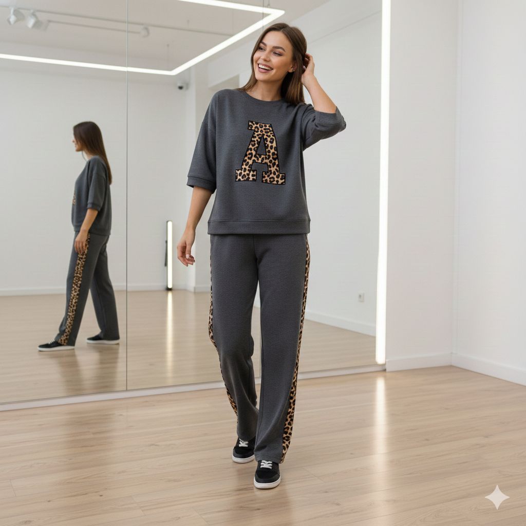 Steel Grey Colour Women's Co-Ord Set with Leapord Print