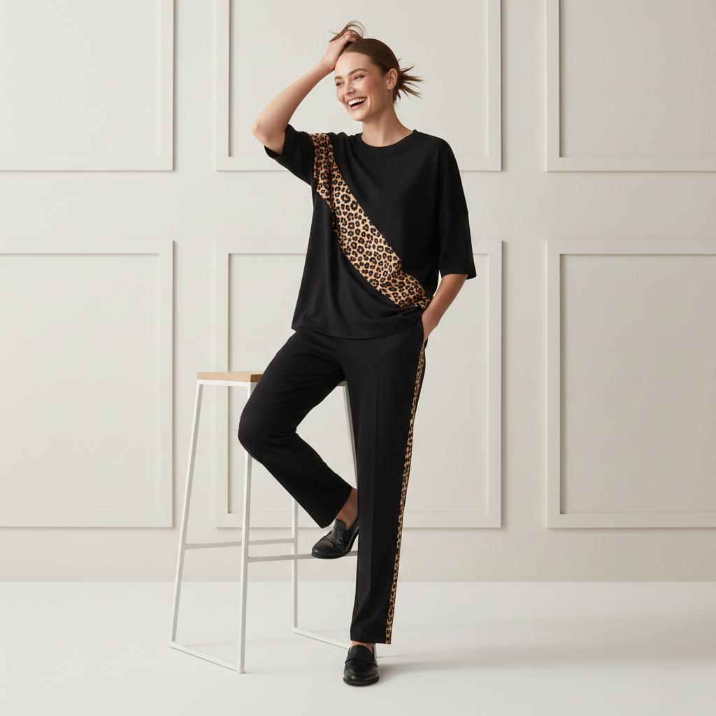 Deep Black Colour Women's Co-Ord Set with Leopard Strap