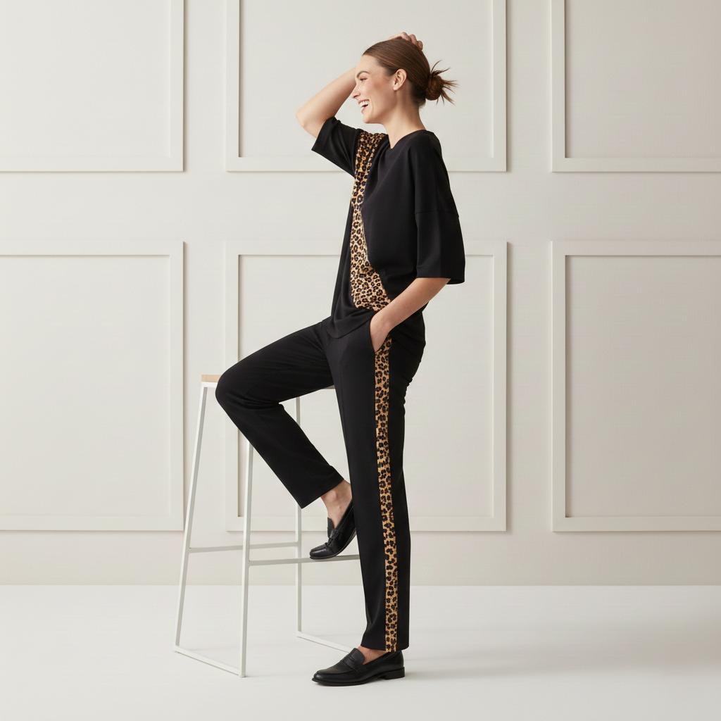 Deep Black Colour Women's Co-Ord Set with Leopard Strap