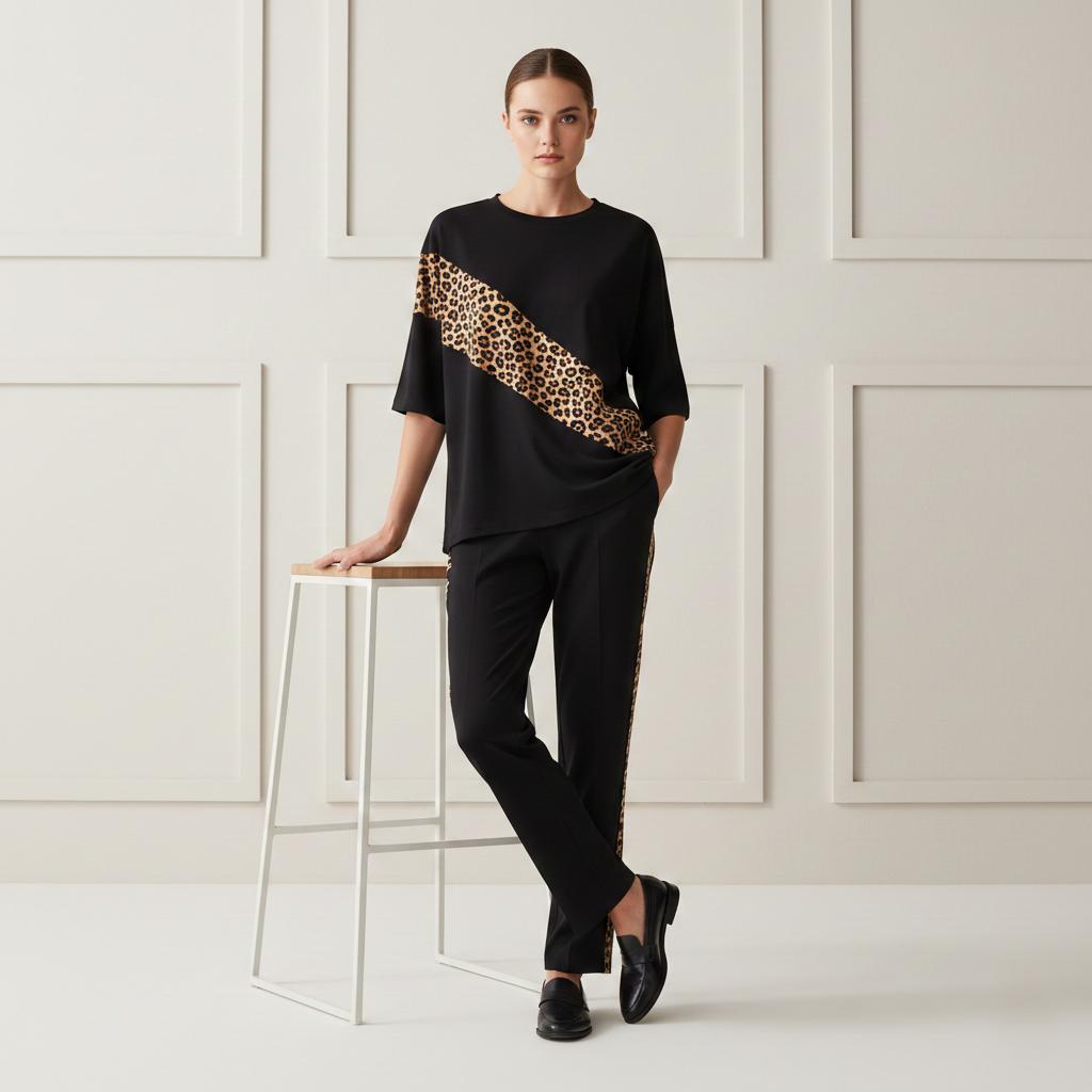 Deep Black Colour Women's Co-Ord Set with Leopard Strap