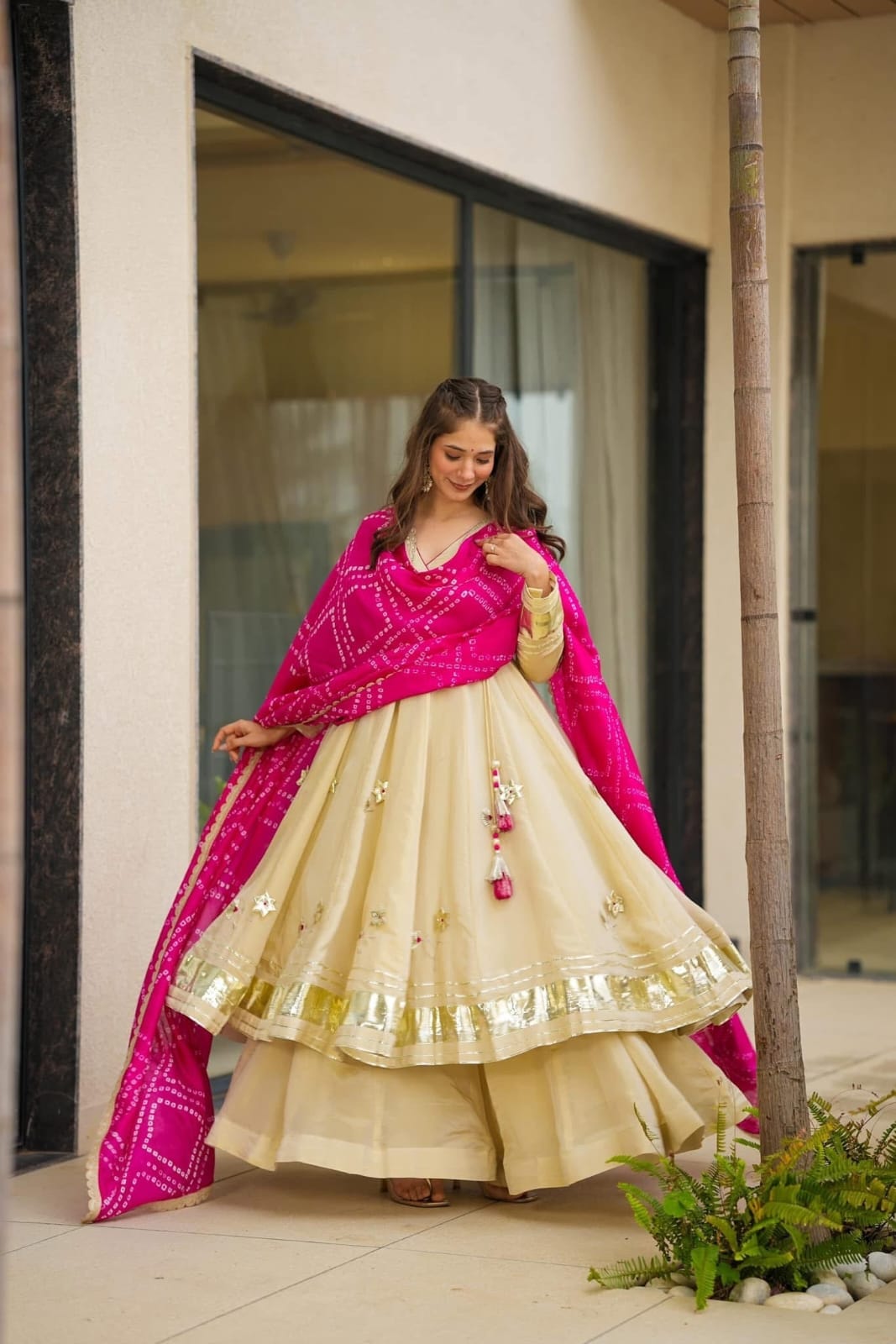 Premium Handmade Chinon Anarkali Palazzo Set with Bandhani Dupatta – Festive & Wedding Wear