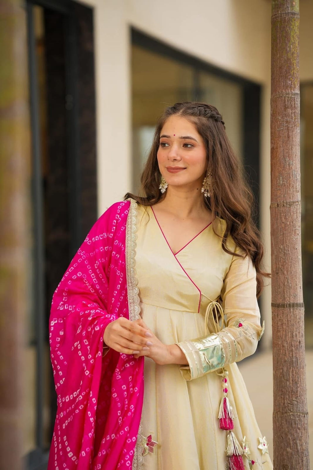 Premium Handmade Chinon Anarkali Palazzo Set with Bandhani Dupatta – Festive & Wedding Wear