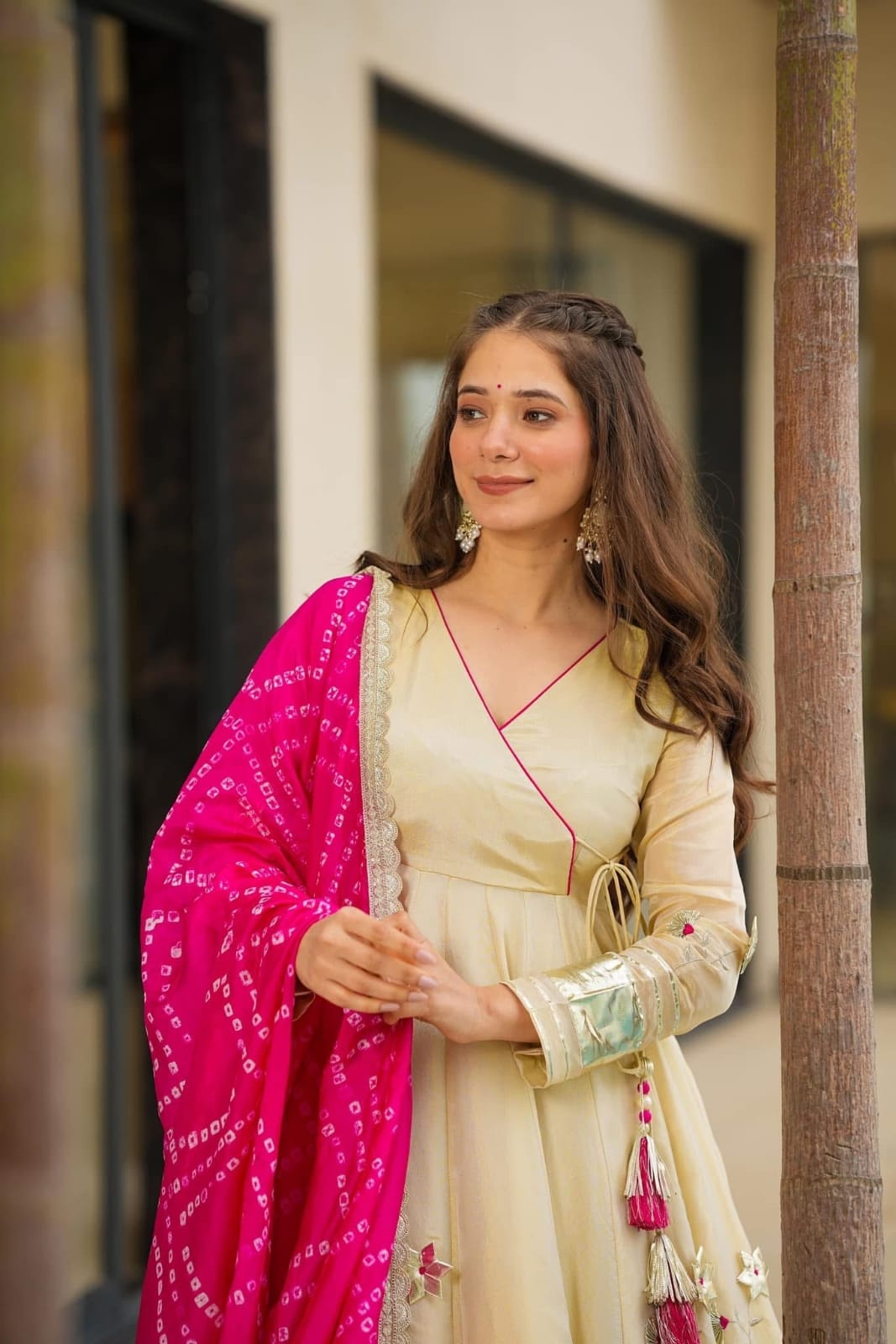 Premium Handmade Chinon Anarkali Palazzo Set with Bandhani Dupatta – Festive & Wedding Wear