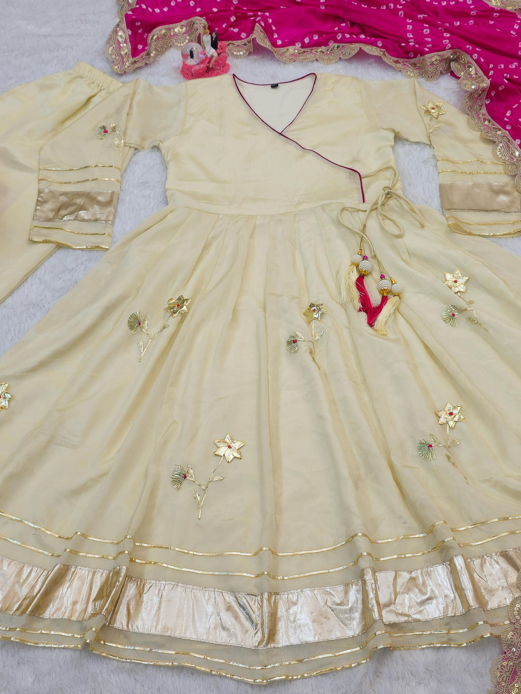 Premium Handmade Chinon Anarkali Palazzo Set with Bandhani Dupatta – Festive & Wedding Wear