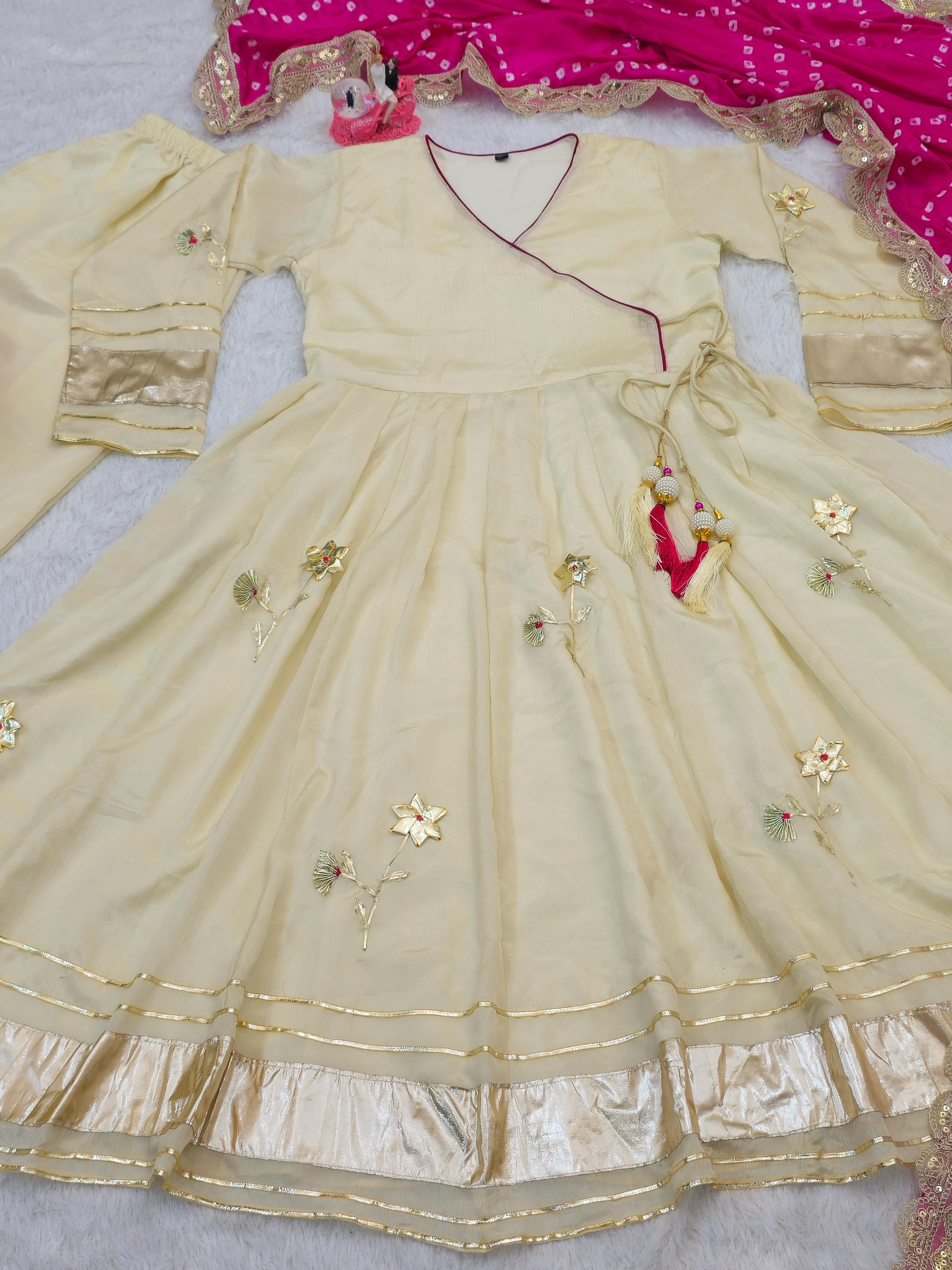 Premium Handmade Chinon Anarkali Palazzo Set with Bandhani Dupatta – Festive & Wedding Wear