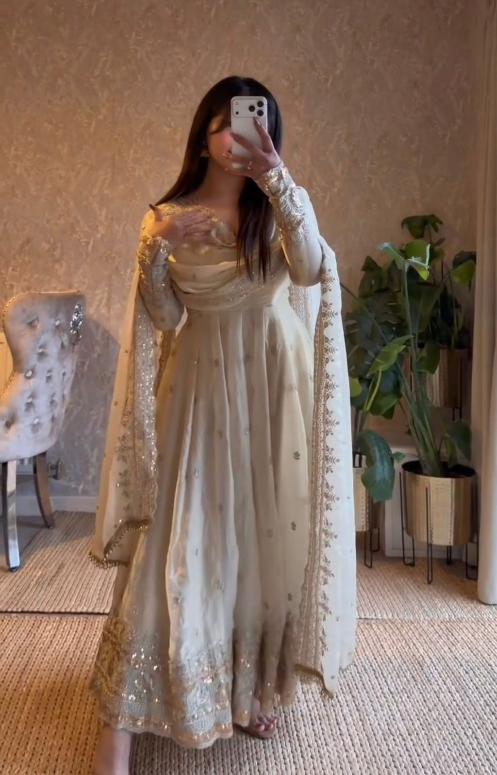 Designer Fandy Silk Embroidered Party Wear Gown Set with Dupatta & Pant – Sequins Work Festive Collection