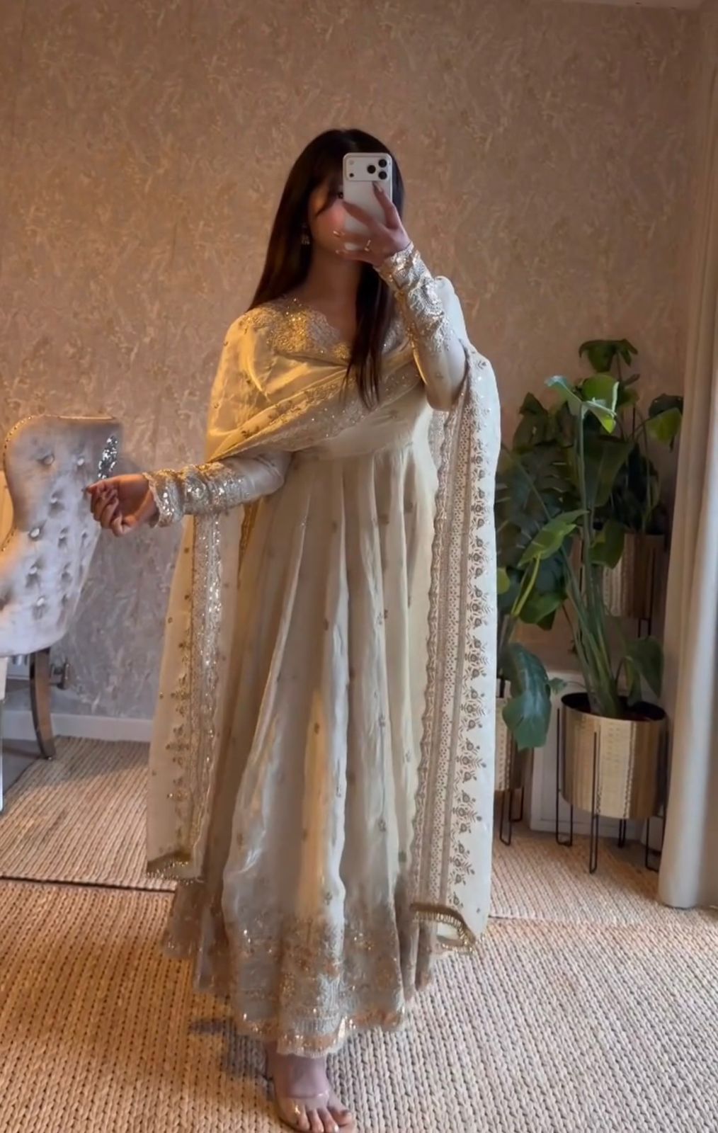 Designer Fandy Silk Embroidered Party Wear Gown Set with Dupatta & Pant – Sequins Work Festive Collection