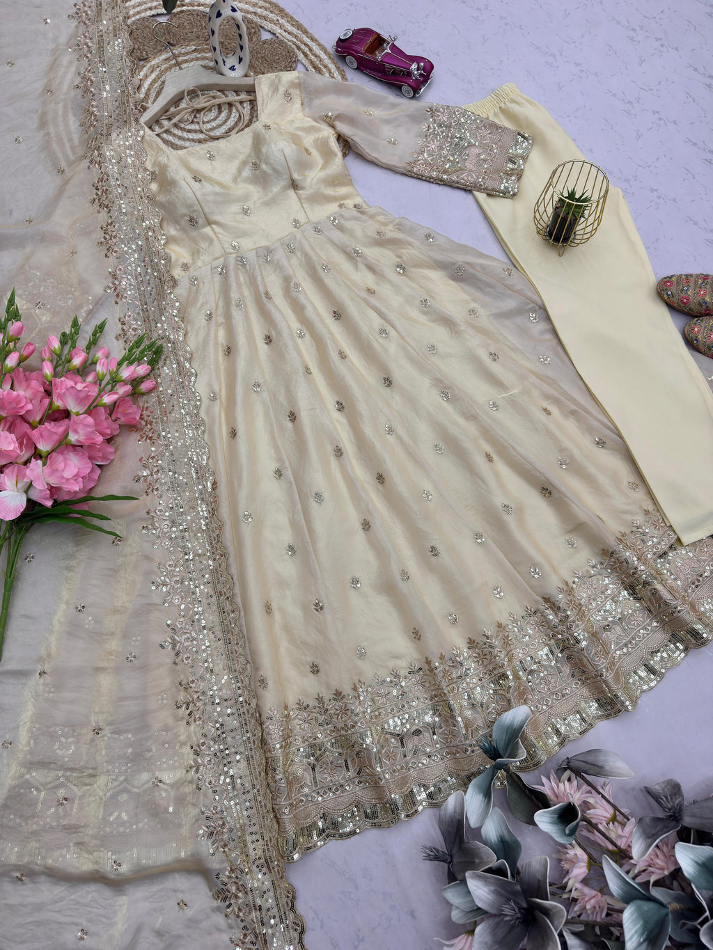 Designer Fandy Silk Embroidered Party Wear Gown Set with Dupatta & Pant – Sequins Work Festive Collection