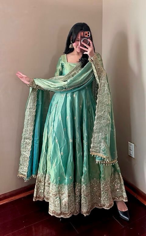 Designer Fandy Silk Embroidered Party Wear Gown Set with Dupatta & Pant – Sequins Work Festive Collection