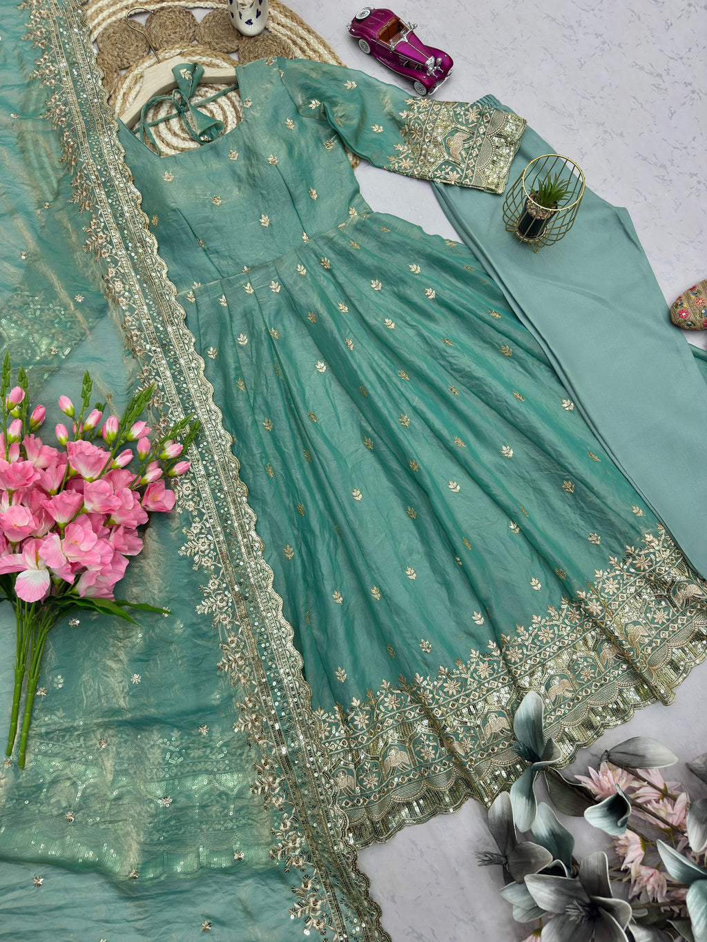 Designer Fandy Silk Embroidered Party Wear Gown Set with Dupatta & Pant – Sequins Work Festive Collection