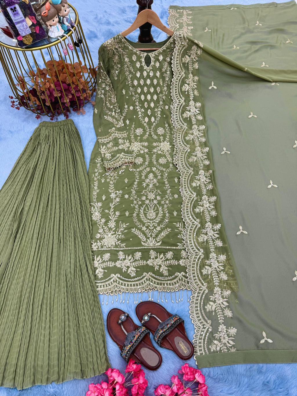 Designer Heavy Faux Georgette Embroidered Kurta Palazzo Set with Dupatta – Sequin & Moti Work Party Wear Suit