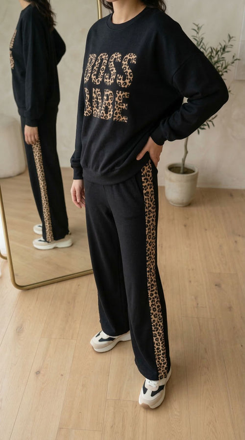 'Boss Babe' Rich Black Colour Women's Co-Ord Set with Leopard Print