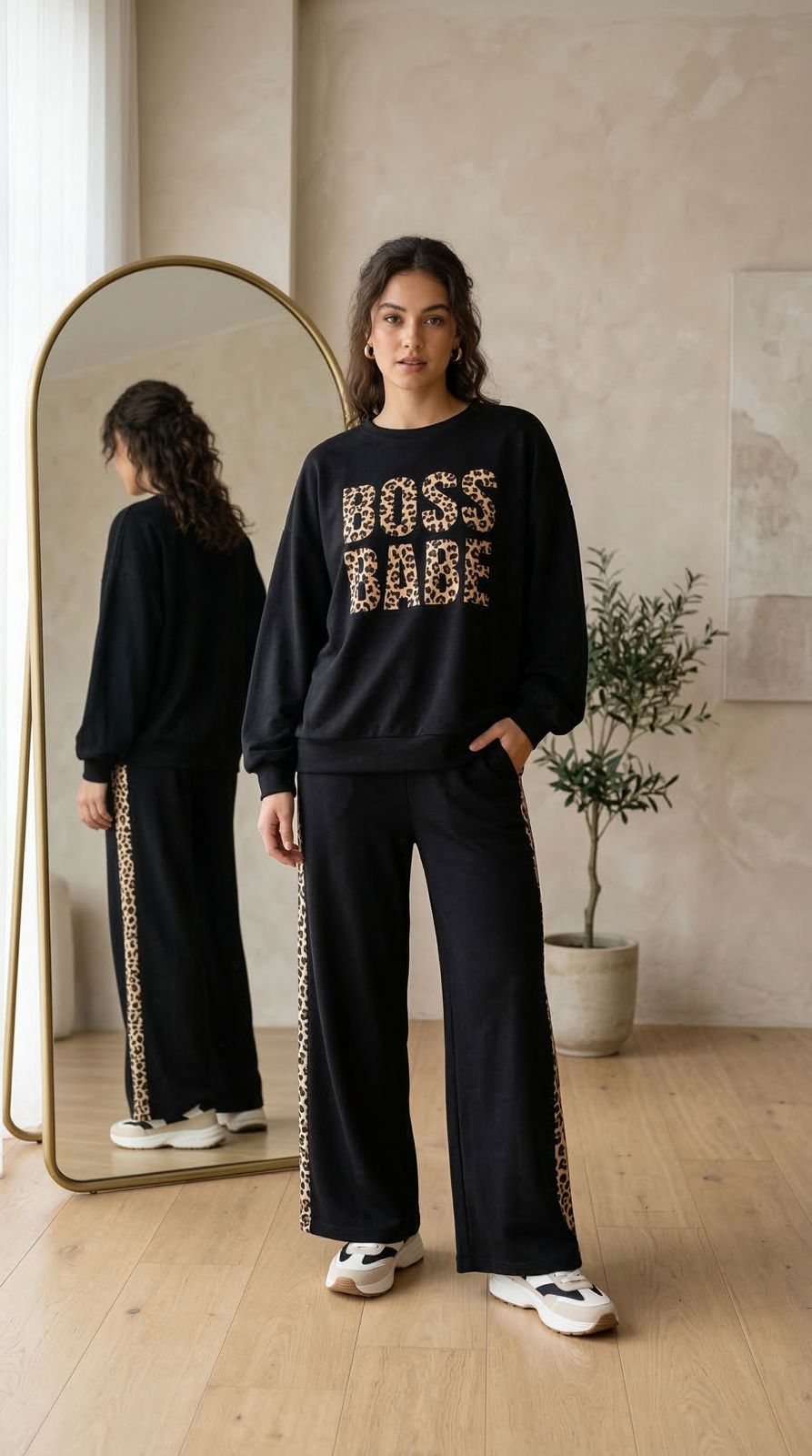 'Boss Babe' Rich Black Colour Women's Co-Ord Set with Leopard Print