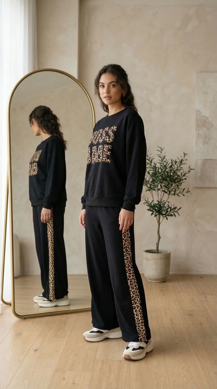 'Boss Babe' Rich Black Colour Women's Co-Ord Set with Leopard Print