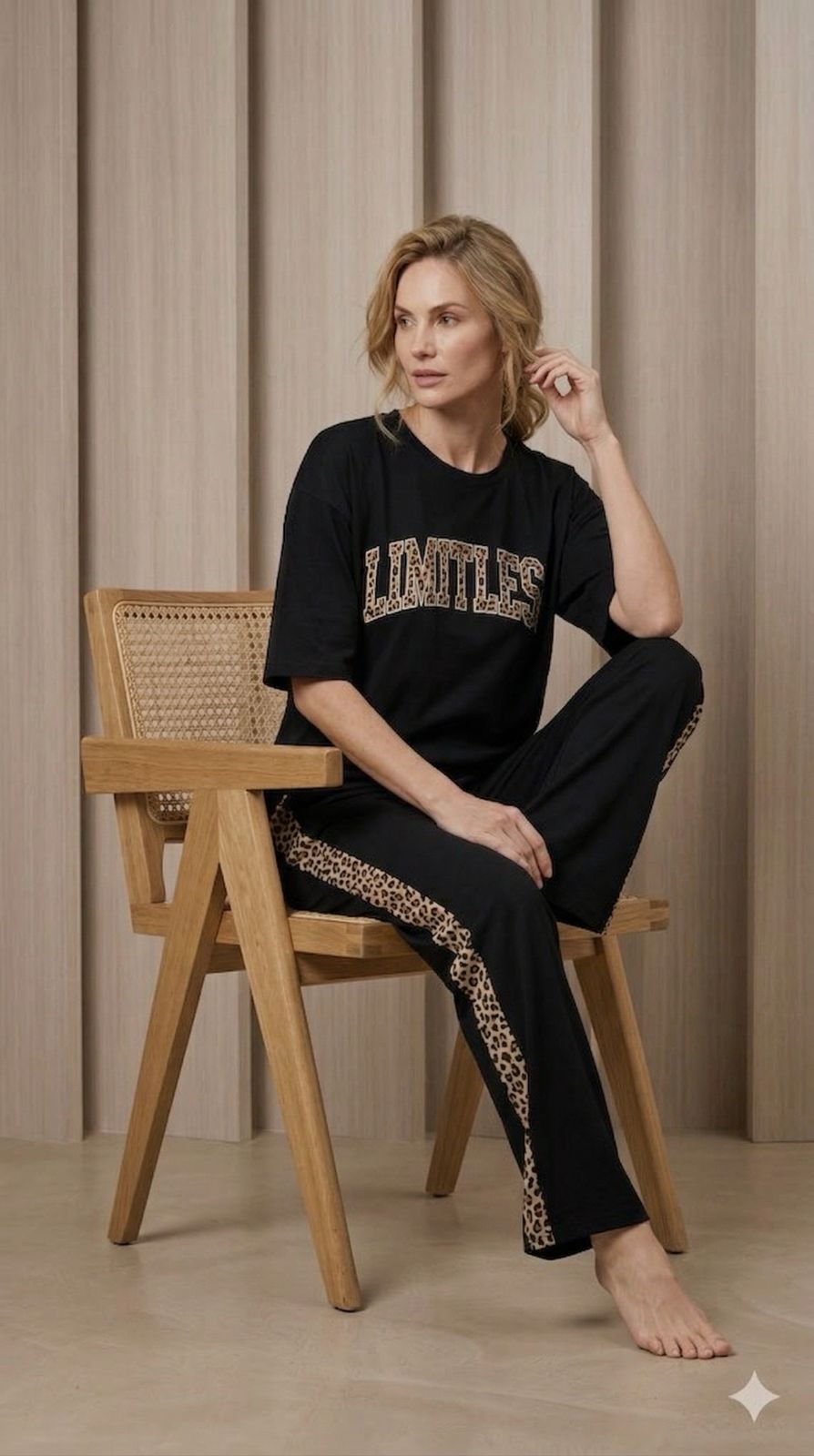 'Limitless' Rich Black Colour Women's Co-Ord Set with Leopard Print