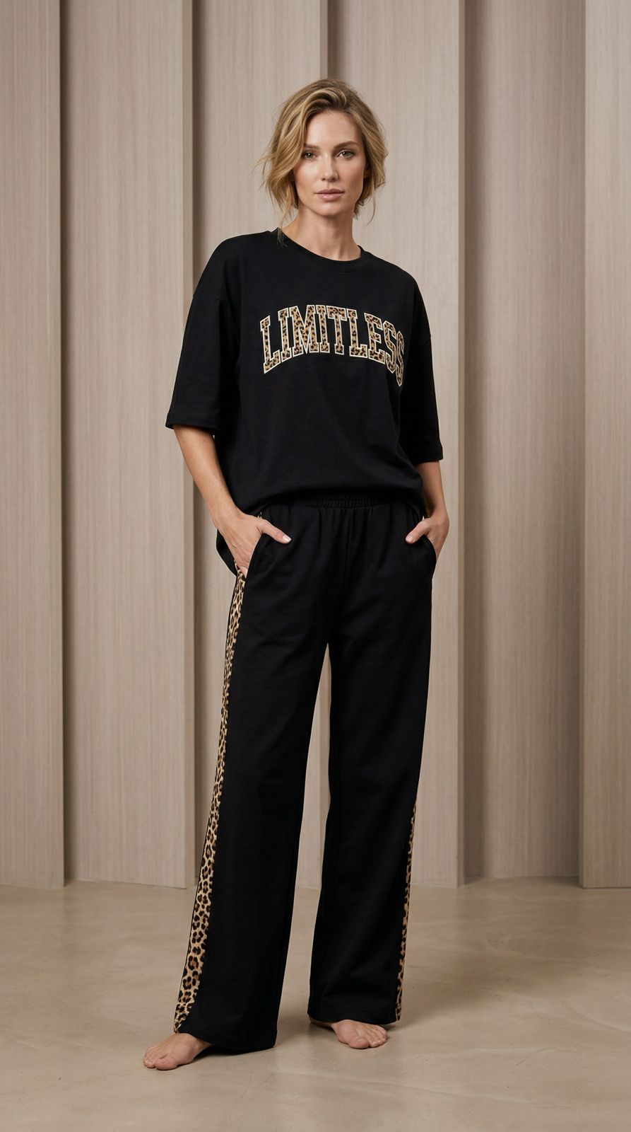 'Limitless' Rich Black Colour Women's Co-Ord Set with Leopard Print