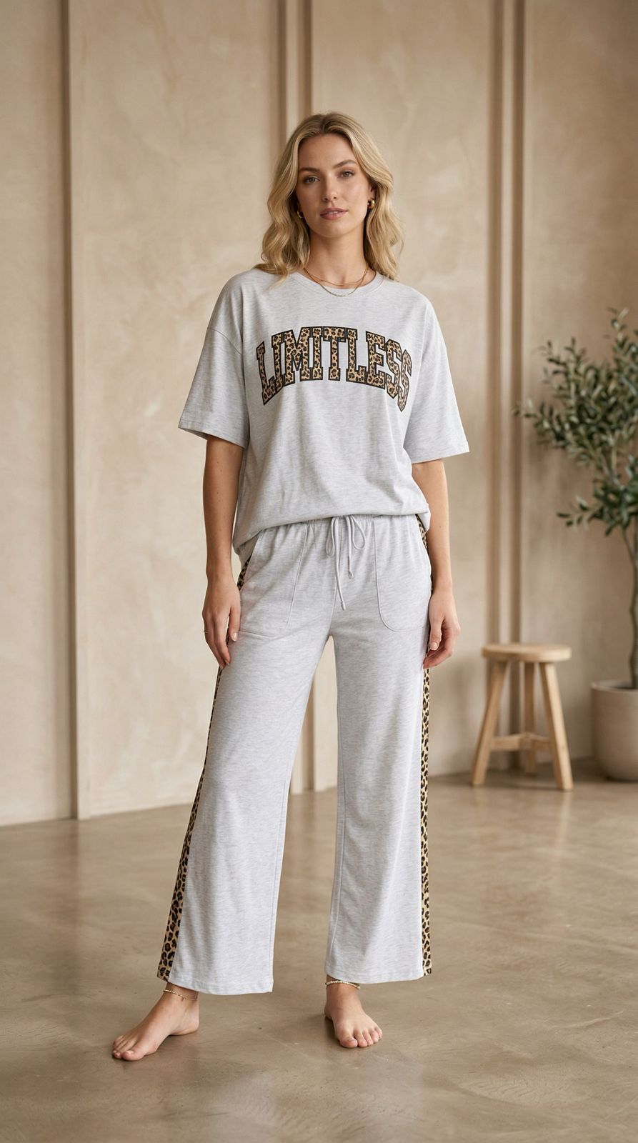 'Limitless' Light Grey Colour Women's Co-Ord Set with Leopard Print