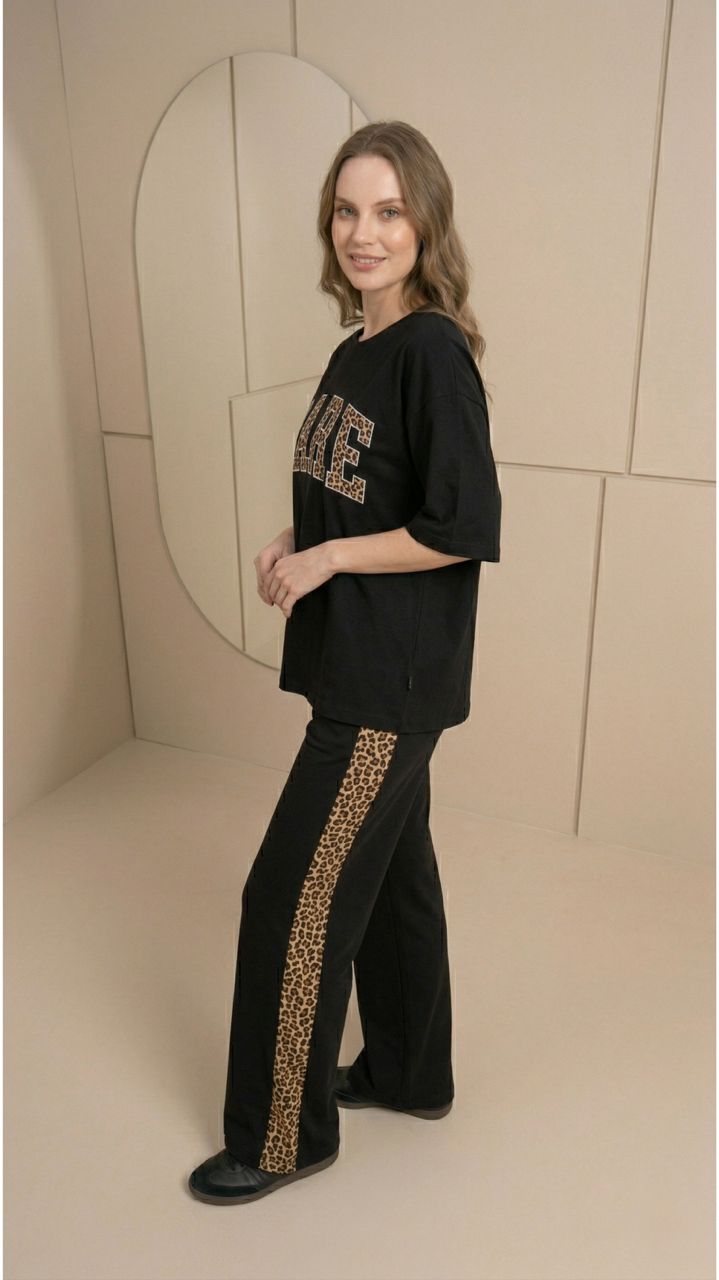 'RARE' Deep Black Colour Women's Co-Ord Set with Leopard Print