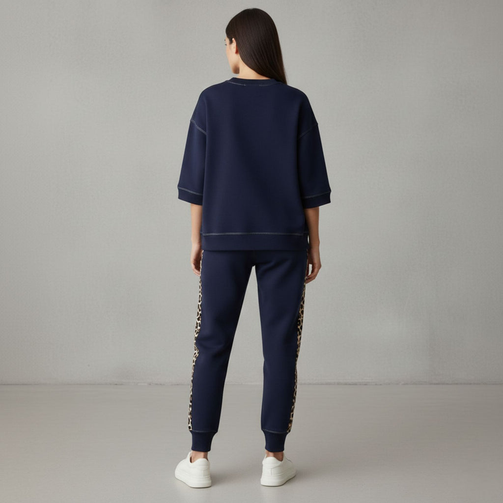 Midnight Navy Colour Women's Comfortable Co-Ord Set with Leopard Print