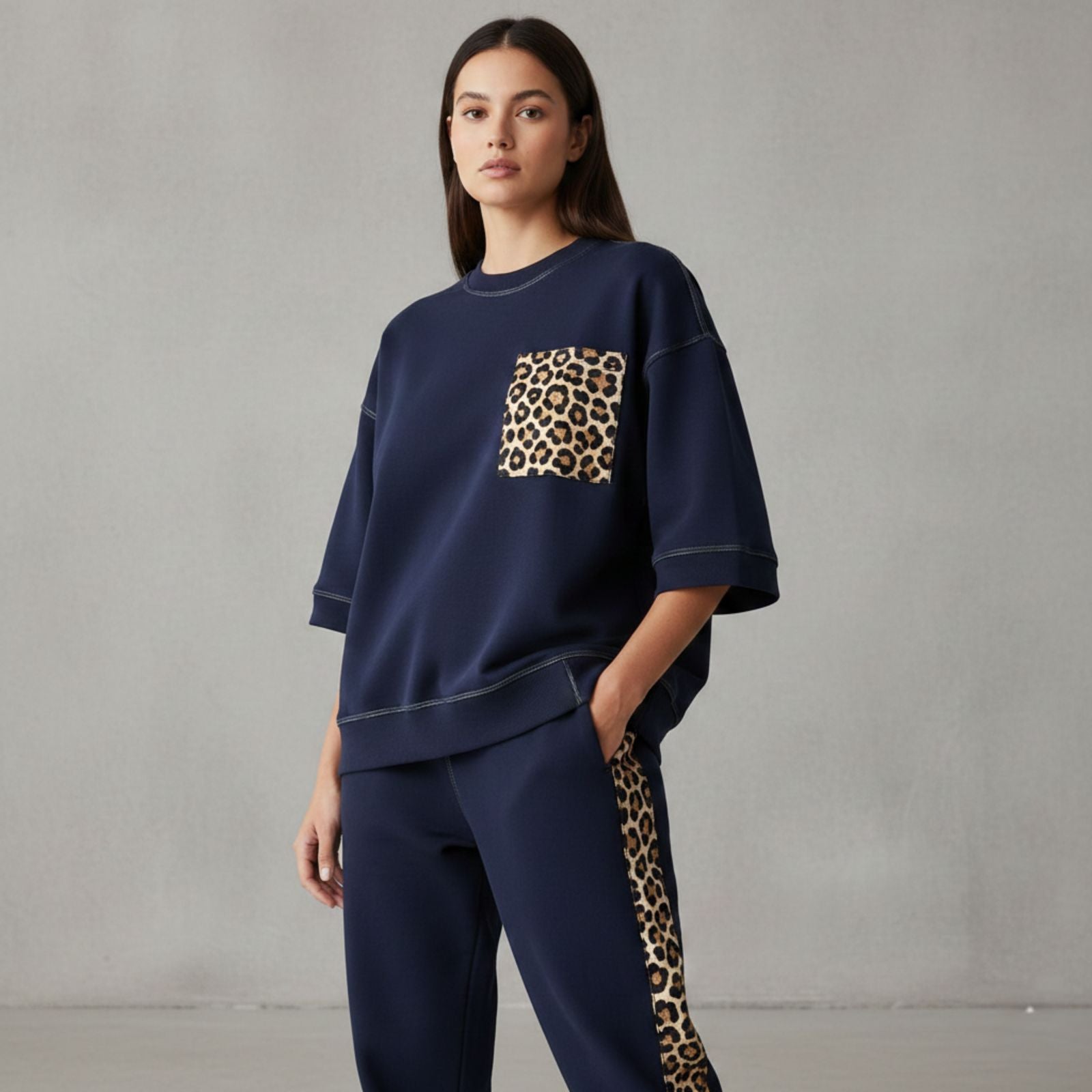 Midnight Navy Colour Women's Comfortable Co-Ord Set with Leopard Print