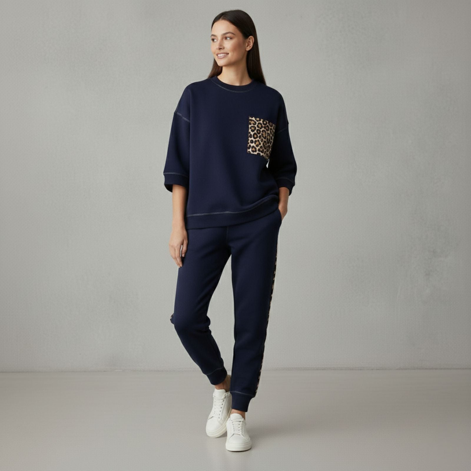 Midnight Navy Colour Women's Comfortable Co-Ord Set with Leopard Print