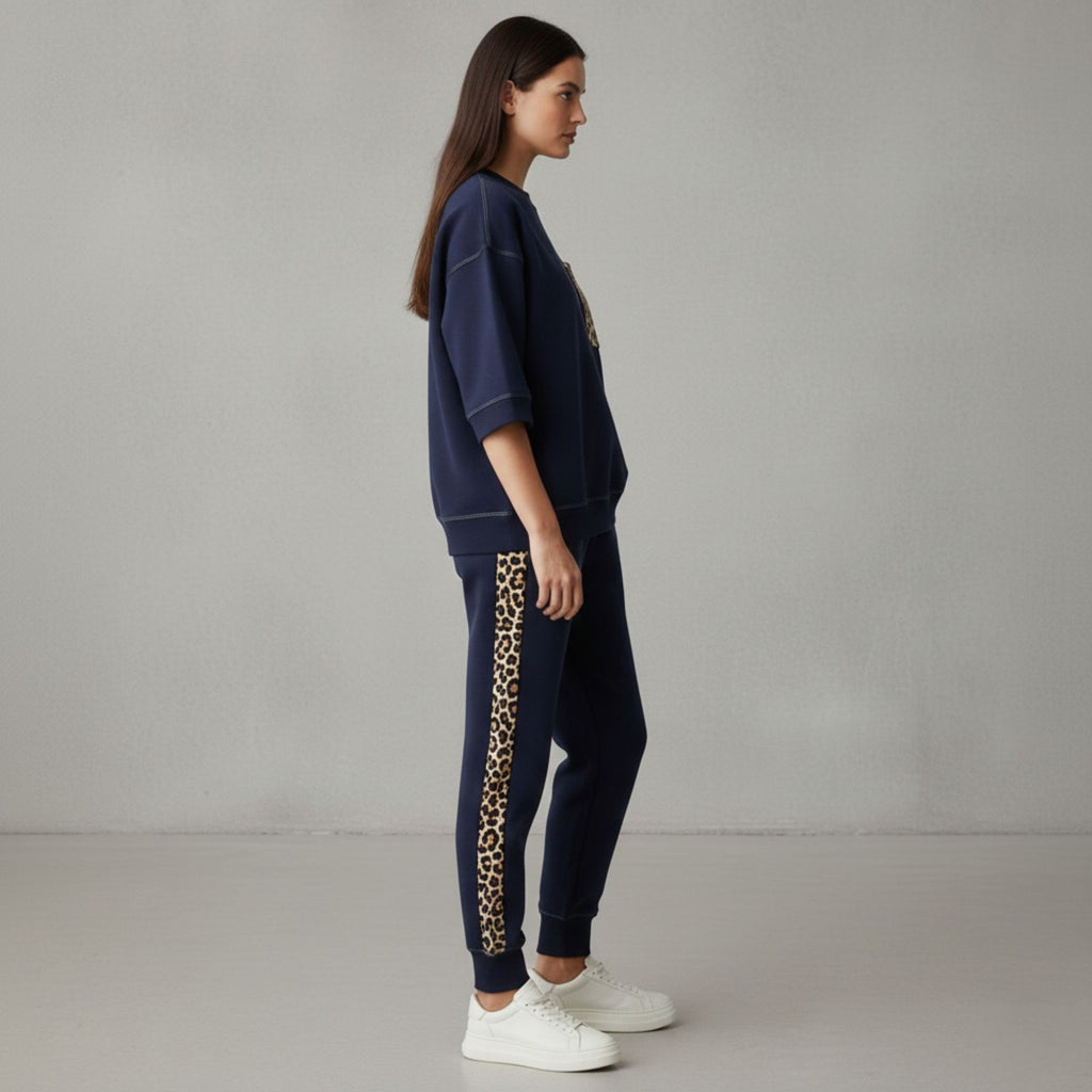 Midnight Navy Colour Women's Comfortable Co-Ord Set with Leopard Print