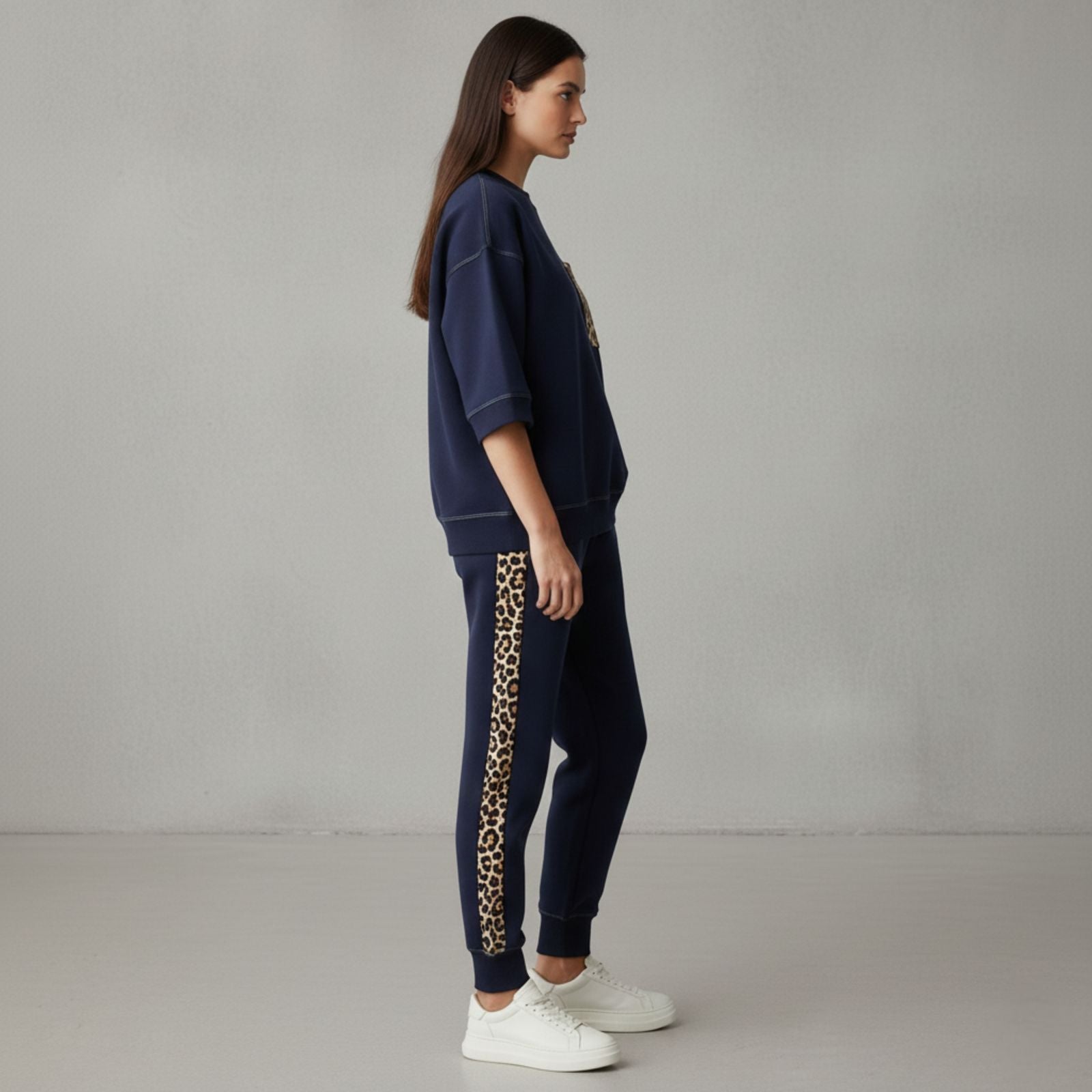 Midnight Navy Colour Women's Comfortable Co-Ord Set with Leopard Print