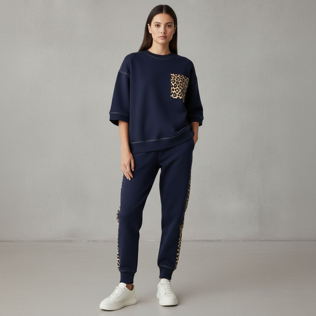 Midnight Navy Colour Women's Comfortable Co-Ord Set with Leopard Print