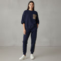 Midnight Navy Colour Women's Comfortable Co-Ord Set with Leopard Print
