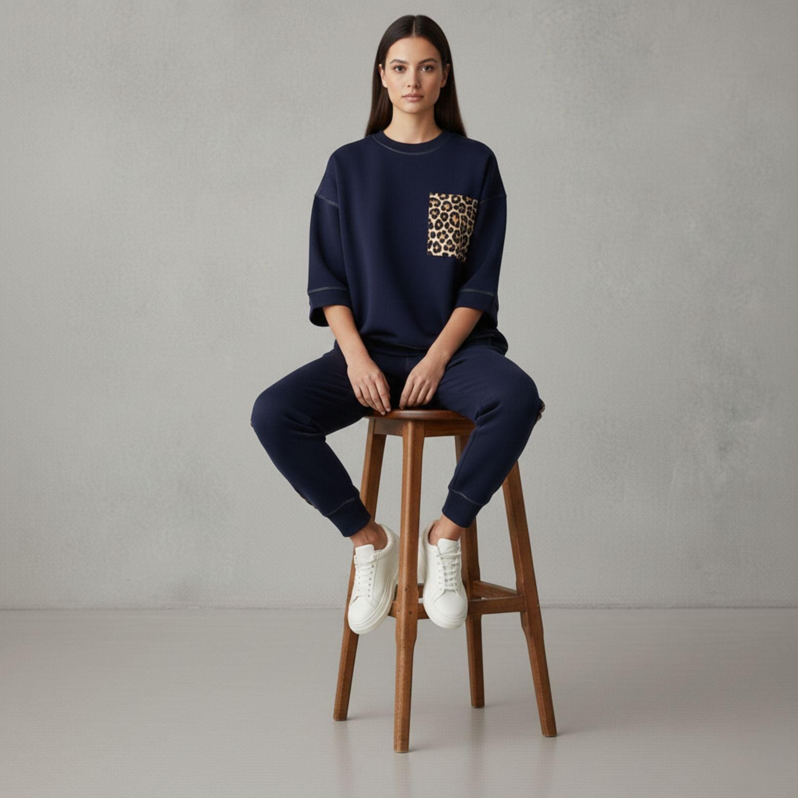 Midnight Navy Colour Women's Comfortable Co-Ord Set with Leopard Print