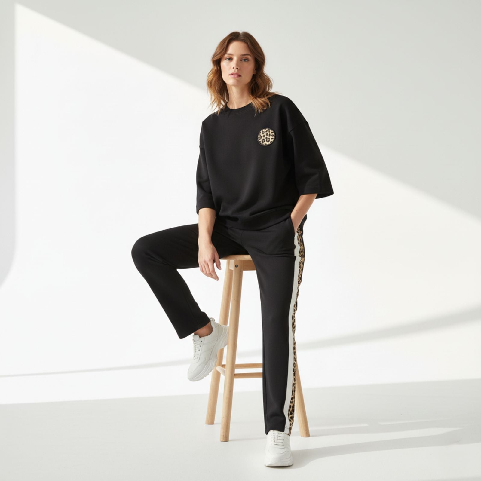 Deep Black Colour Women's Comfortable Co-Ord Set with Leopard Print