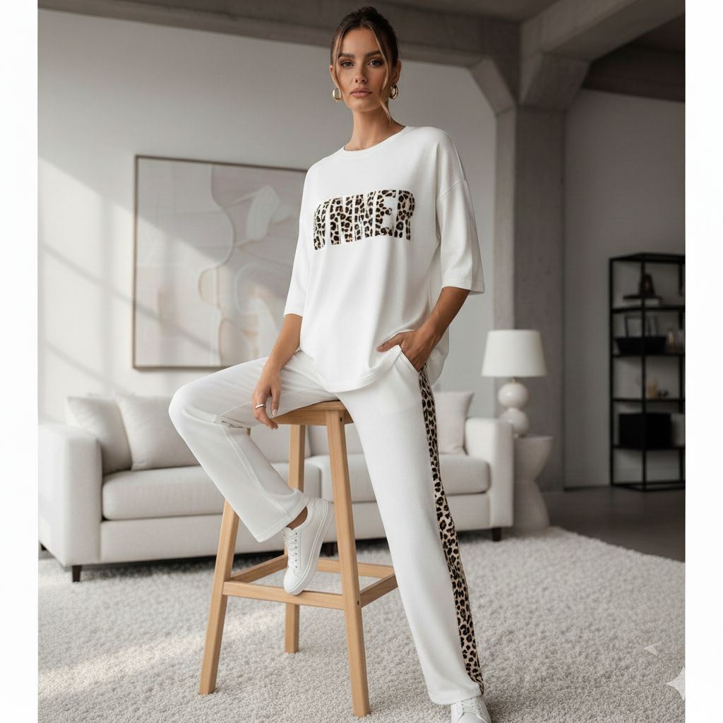'WINNER' Cloud White Colour Women's Co-Ord Set with Leopard Print
